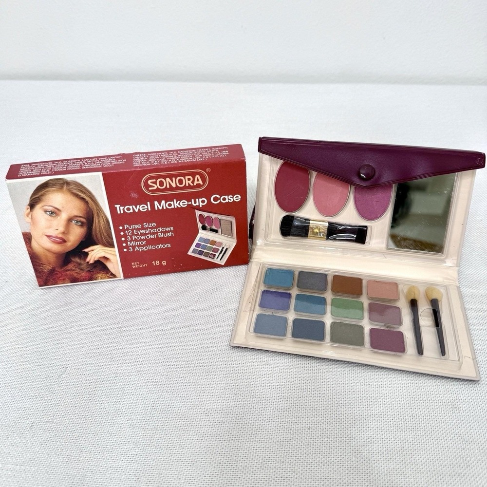 VTG Sonora Brand Makeup Palette Travel Compact 12 Soft Shadows 3 Blush 80's New - Picture 2 of 16
